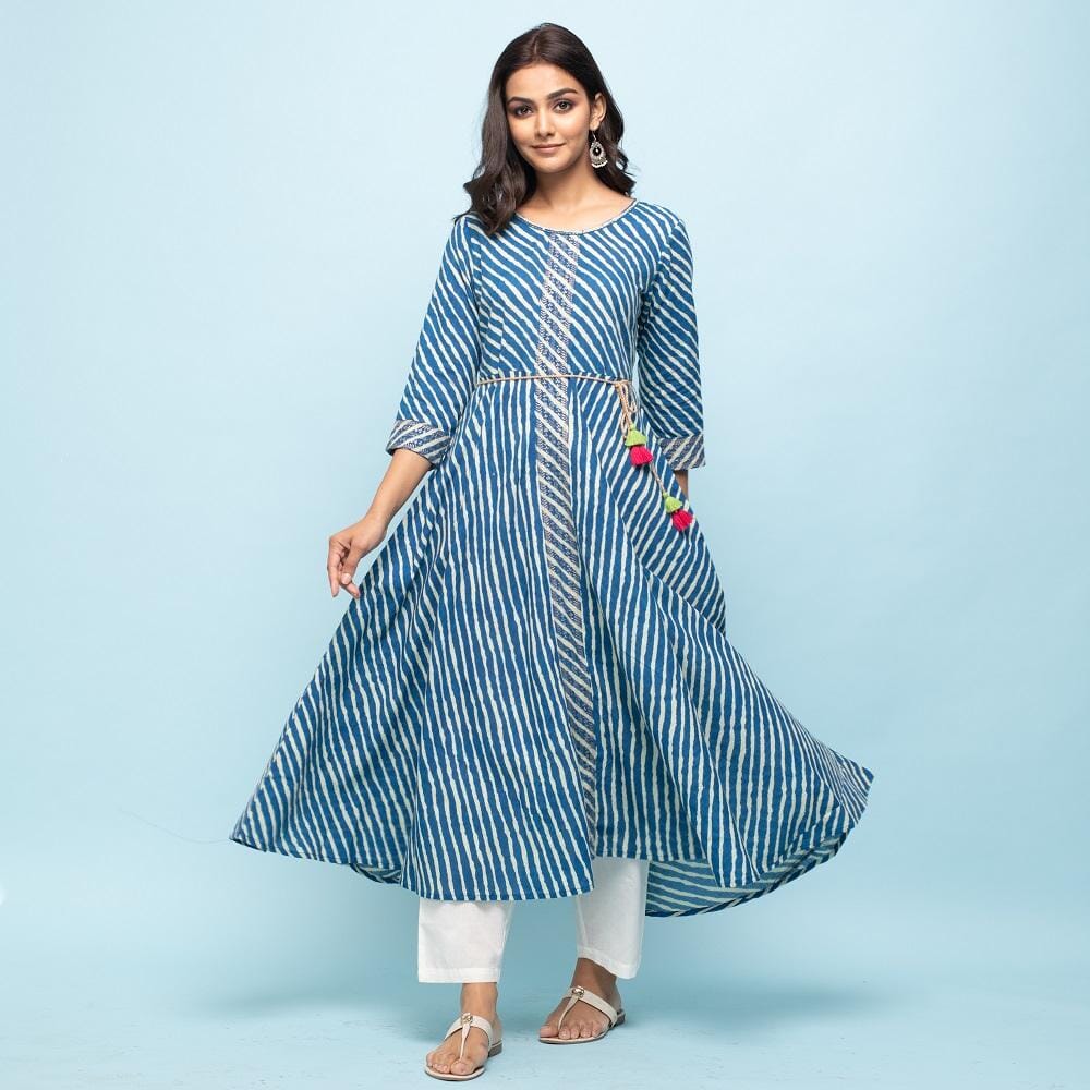 Indigo Blue & White Leheriya Printed Long Cotton Kurta Kurti Rangdeep-Fashions 