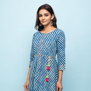 Indigo Blue & White Leheriya Printed Long Cotton Kurta Kurti Rangdeep-Fashions 