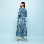 Indigo Blue & White Leheriya Printed Long Cotton Kurta Kurti Rangdeep-Fashions 