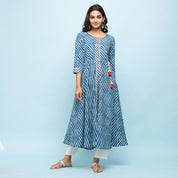 Indigo Blue & White Leheriya Printed Long Cotton Kurta Kurti Rangdeep-Fashions 