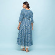 Indigo Blue & White Leheriya Printed Long Cotton Kurta Kurti Rangdeep-Fashions 