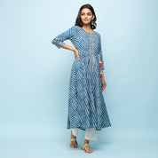 Indigo Blue & White Leheriya Printed Long Cotton Kurta Kurti Rangdeep-Fashions 