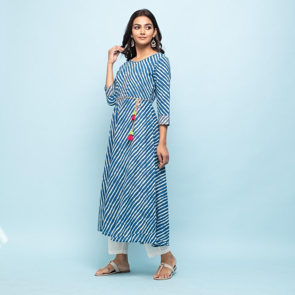 Indigo Blue & White Leheriya Printed Long Cotton Kurta Kurti Rangdeep-Fashions 