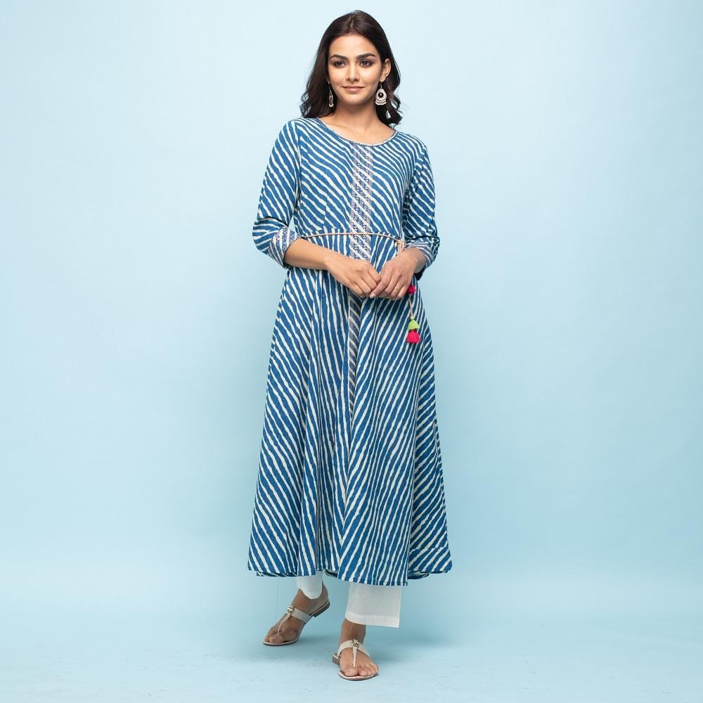 Indigo Blue & White Leheriya Printed Long Cotton Kurta Kurti Rangdeep-Fashions 