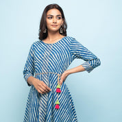 Indigo Blue & White Leheriya Printed Long Cotton Kurta Kurti Rangdeep-Fashions 