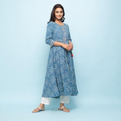 Indigo Blue & White Leheriya Printed Long Cotton Kurta Kurti Rangdeep-Fashions 