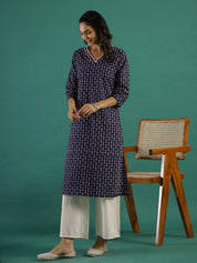 Indigo Ethnic Motif Printed Cotton Straight Kurta muslin kurta Rangdeep-Fashions 