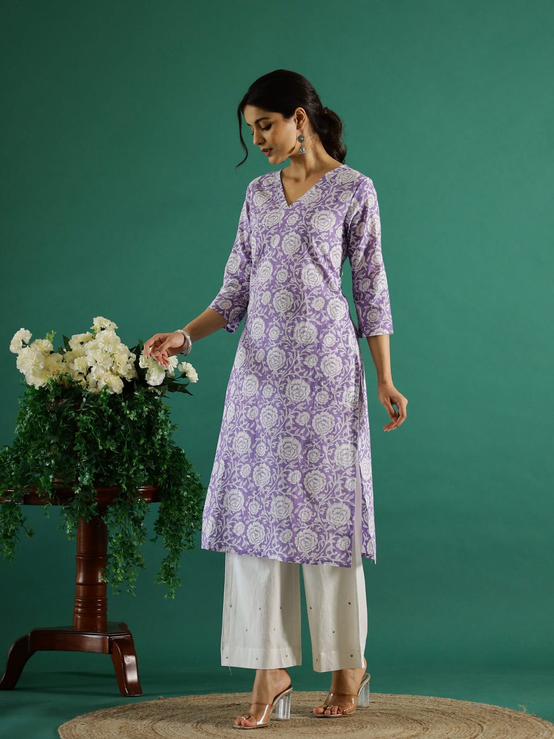 Lavender Flower Printed Cotton Kurta Kurti SANSKRUTI HOMES 