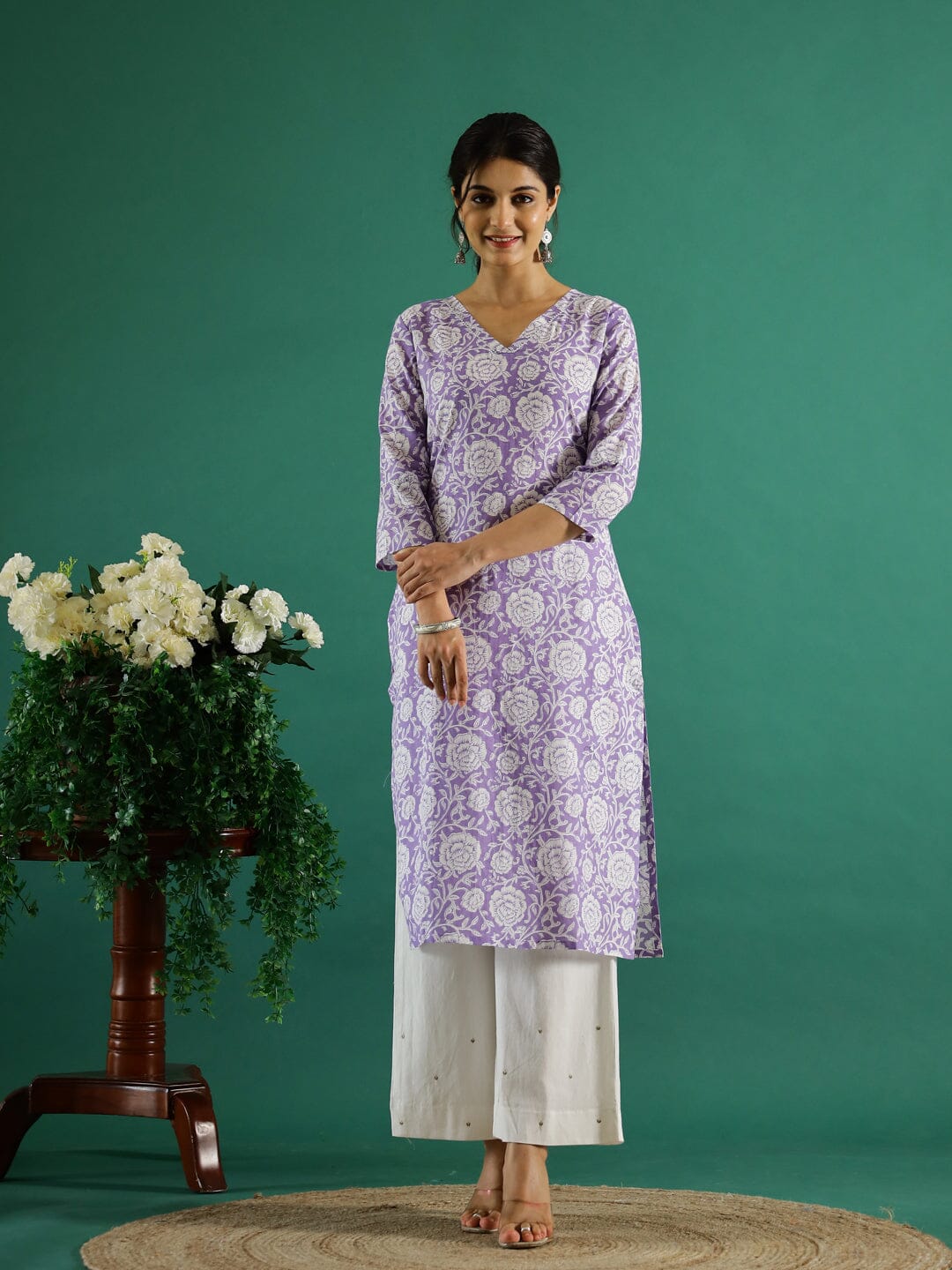 Lavender Flower Printed Cotton Kurta Kurti SANSKRUTI HOMES 