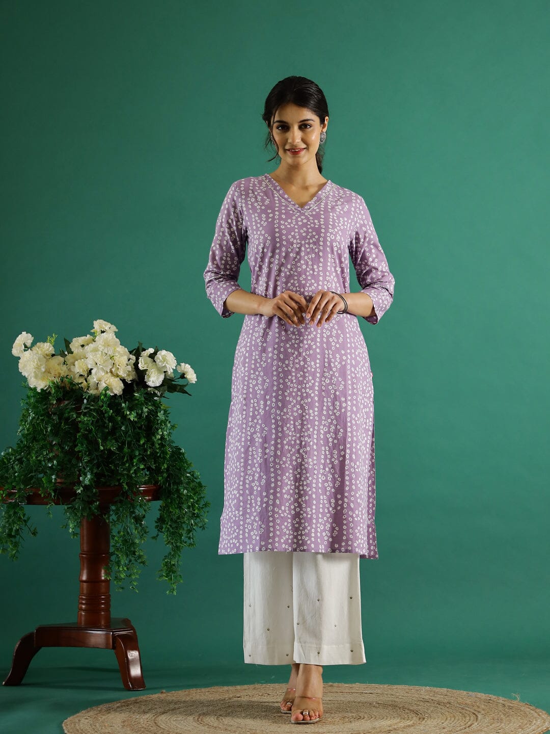 Lavender White Dotted Printed Cotton Kurta Kurti SANSKRUTI HOMES 