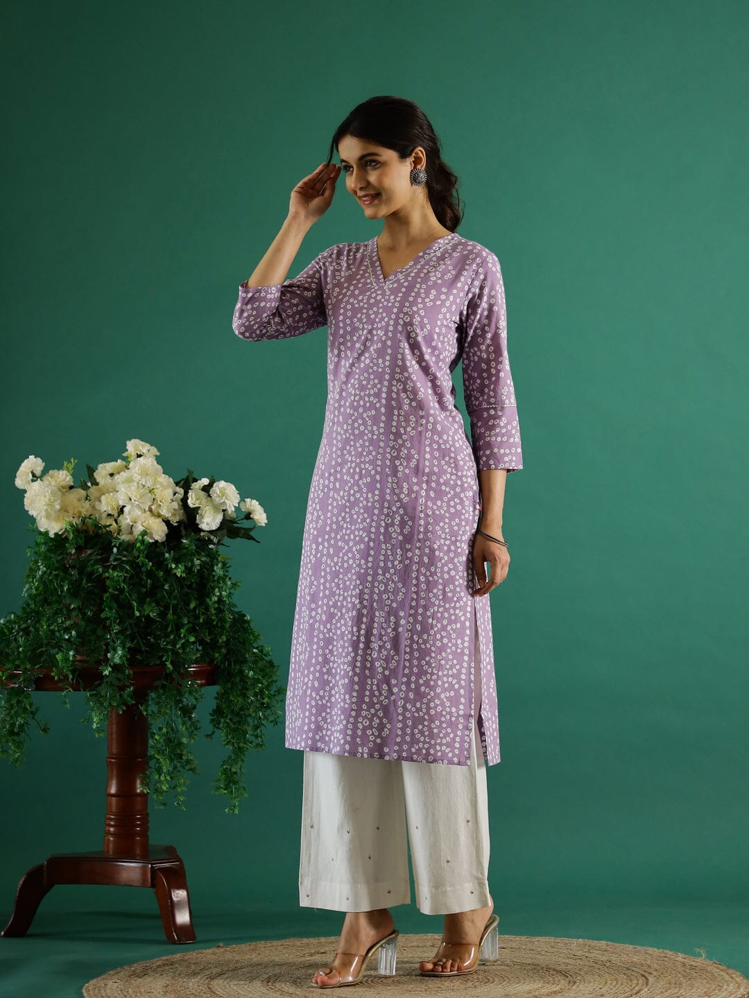 Lavender White Dotted Printed Cotton Kurta Kurti SANSKRUTI HOMES 