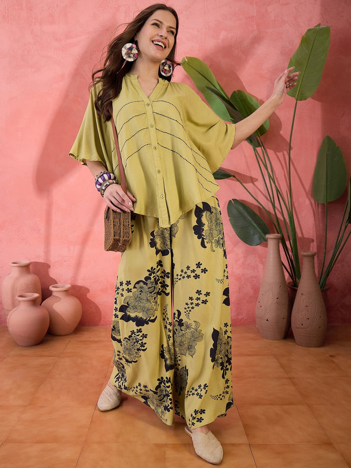 Lime Green Floral Printed Co-ords Set Co-ord Sets Rangdeep-Fashions 