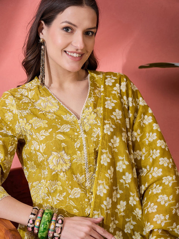 Lime Green Floral Printed Kurta Set for Women Kurta set Rangdeep-Fashions 