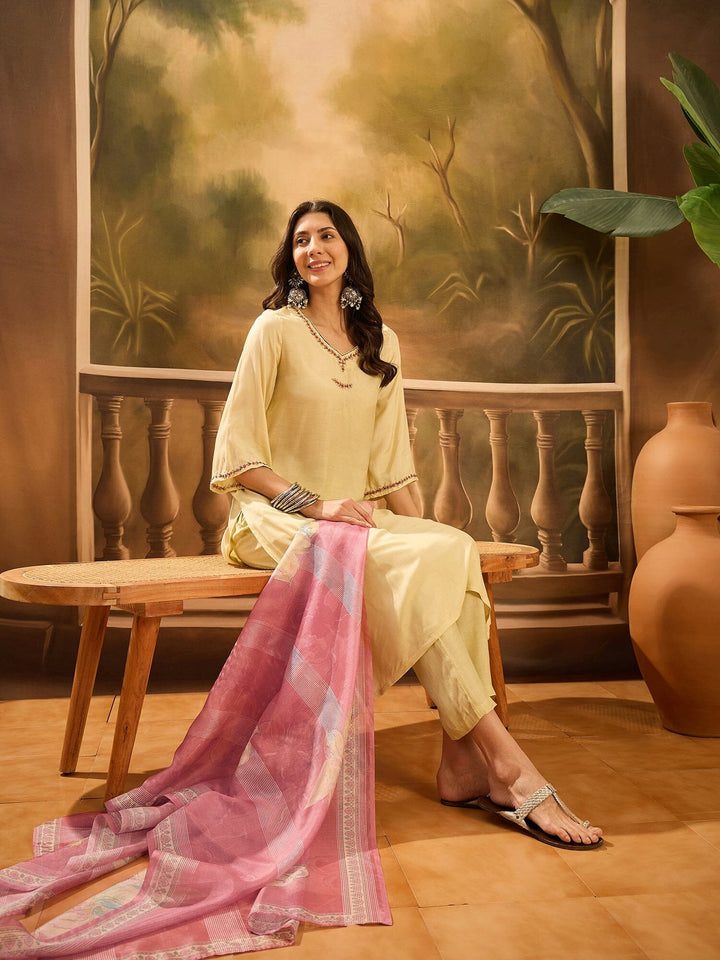 Lime Green Muslin V-Neck Kurta Set For Women Kurta set Rangdeep-Fashions 