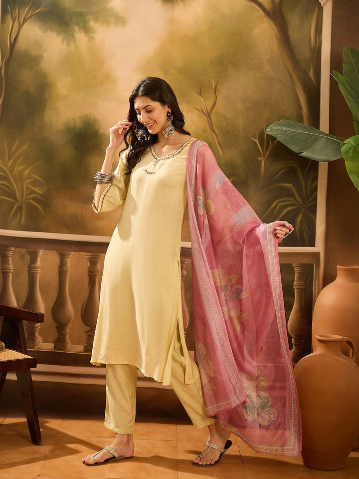 Lime Green Muslin V-Neck Kurta Set For Women Kurta set Rangdeep-Fashions 