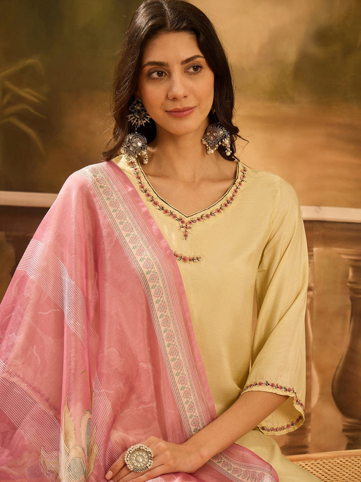 Lime Green Muslin V-Neck Kurta Set For Women Kurta set Rangdeep-Fashions 