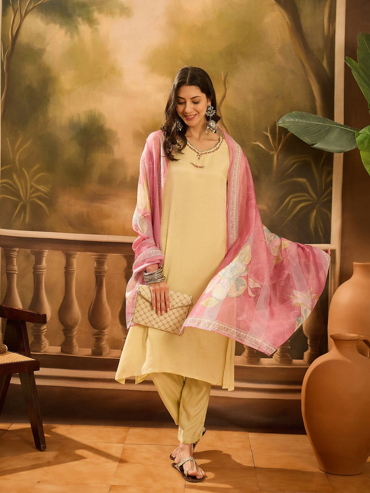 Lime Green Muslin V-Neck Kurta Set For Women Kurta set Rangdeep-Fashions 