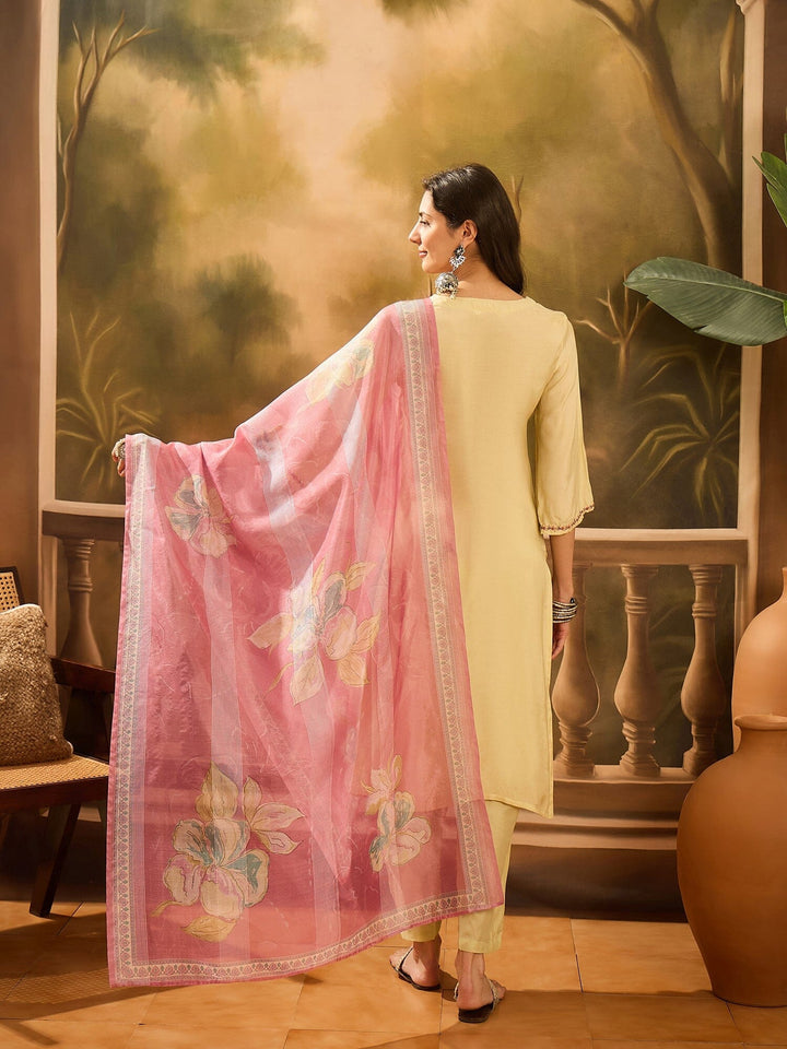 Lime Green Muslin V-Neck Kurta Set For Women Kurta set Rangdeep-Fashions 
