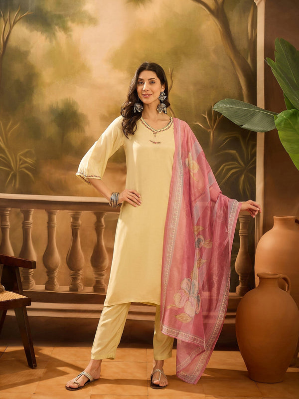 Lime Green Muslin V-Neck Kurta Set For Women Kurta set Rangdeep-Fashions 