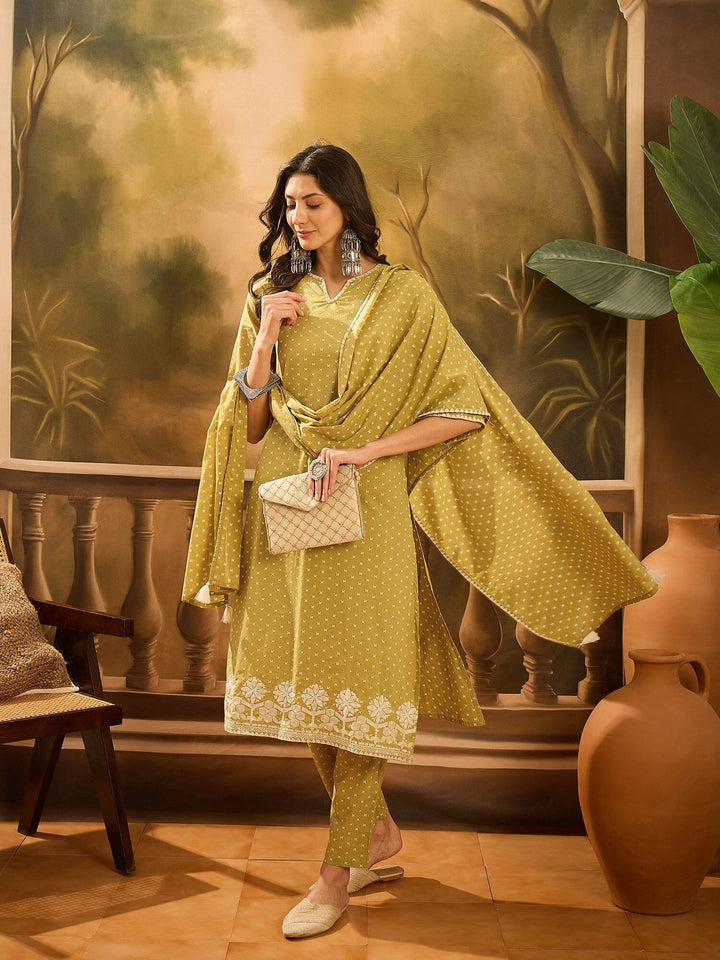 Lime Green Pure Cotton V-Neck Kurta Set For Women Kurta set Rangdeep-Fashions 