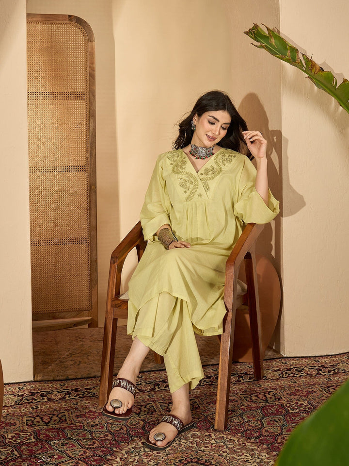 Lime Green V-Neck Pure Cotton Co-ords Set for Women Co-ord Sets Rangdeep-Fashions 