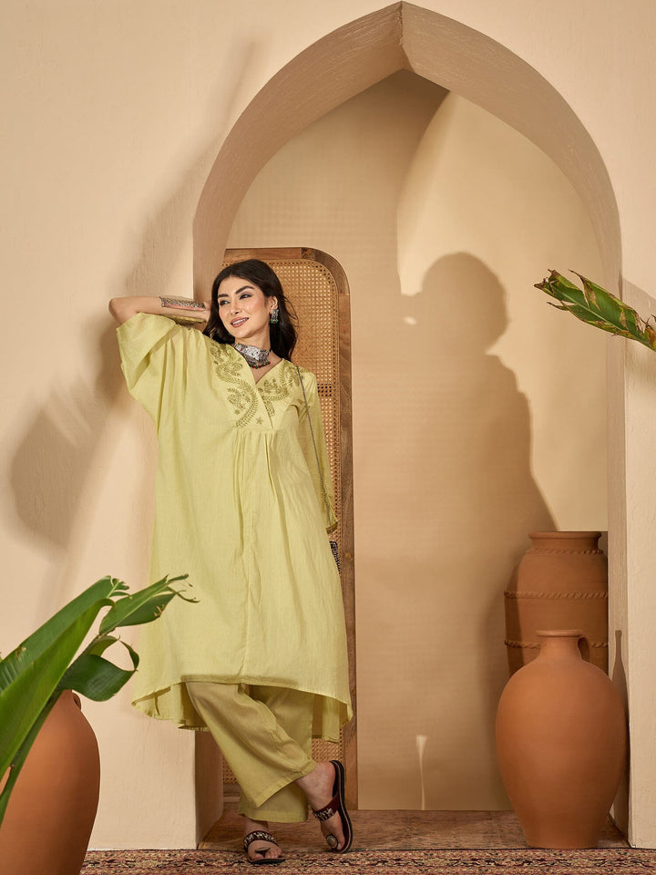 Lime Green V-Neck Pure Cotton Co-ords Set for Women Co-ord Sets Rangdeep-Fashions 