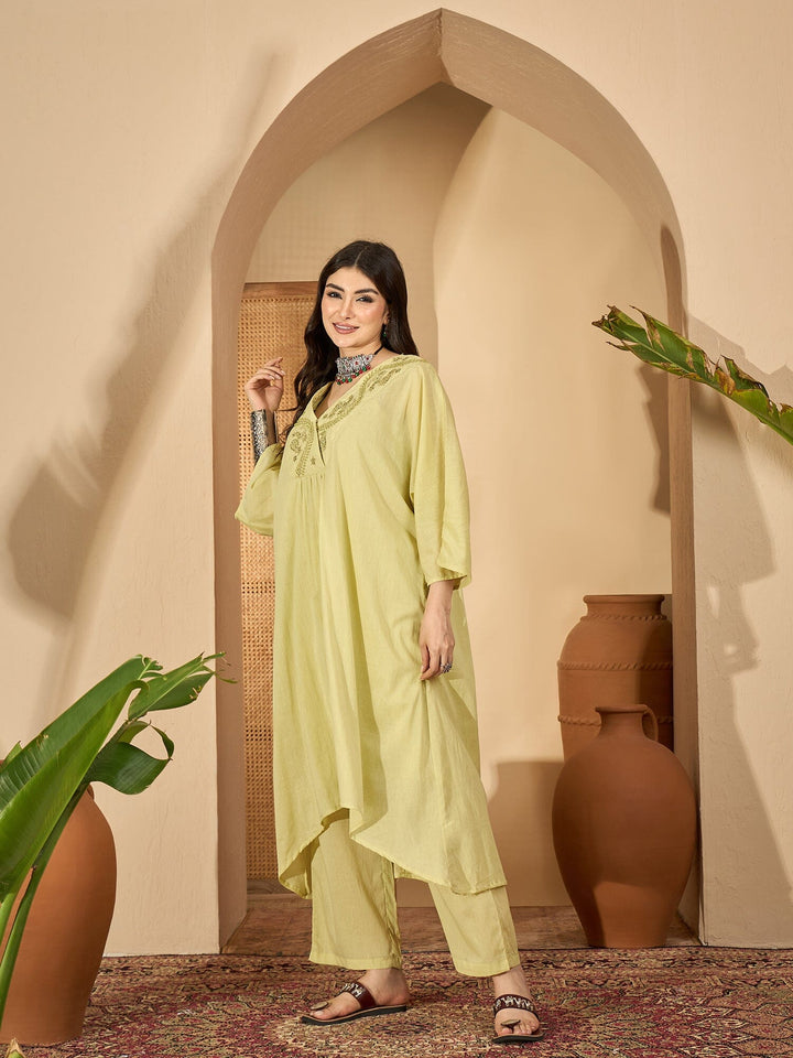 Lime Green V-Neck Pure Cotton Co-ords Set for Women Co-ord Sets Rangdeep-Fashions 