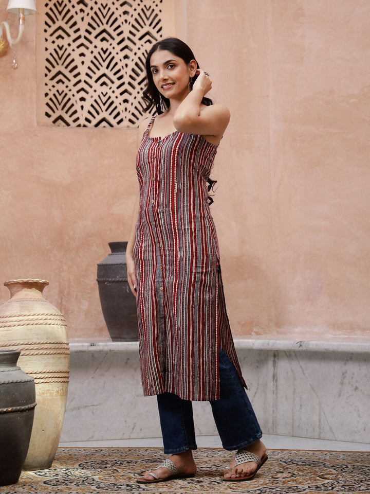 Maroon Color Strips Printed Sleeveless Kurta Kurta set Rangdeep-Fashions 