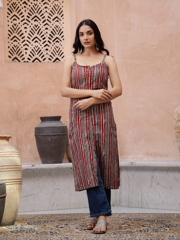 Maroon Color Strips Printed Sleeveless Kurta Kurta set Rangdeep-Fashions 