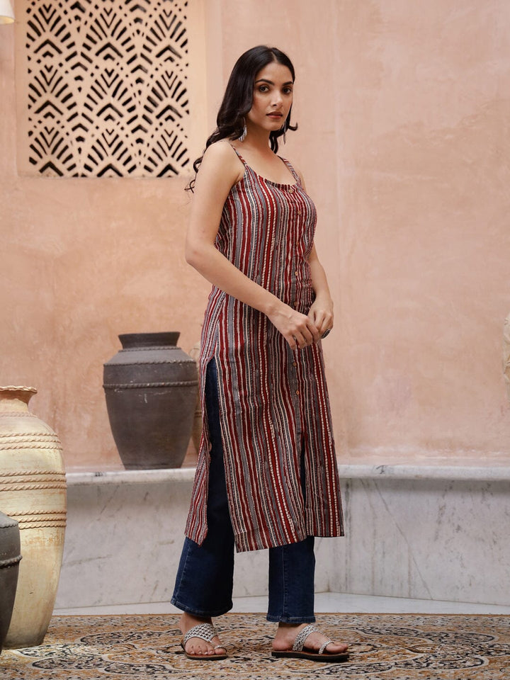 Maroon Color Strips Printed Sleeveless Kurta Kurta set Rangdeep-Fashions 