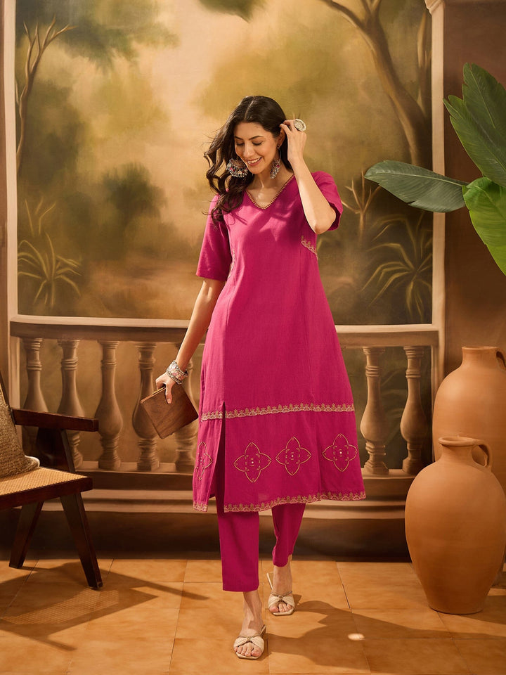 Maroon Pure Cotton V-Neck Kurta Set For Women Kurta set Rangdeep-Fashions 