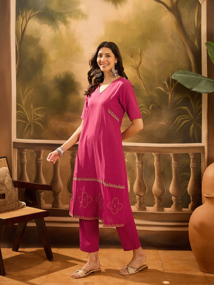 Maroon Pure Cotton V-Neck Kurta Set For Women Kurta set Rangdeep-Fashions 