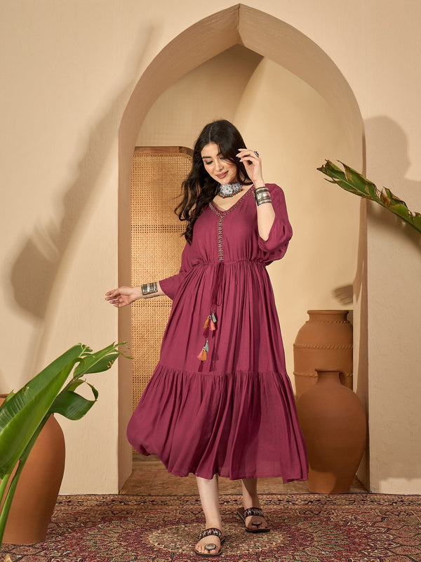 Maroon V-Neck Solid Dress with Inner dress Rangdeep-Fashions 
