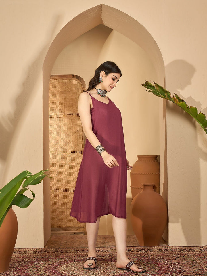 Maroon V-Neck Solid Dress with Inner dress Rangdeep-Fashions 