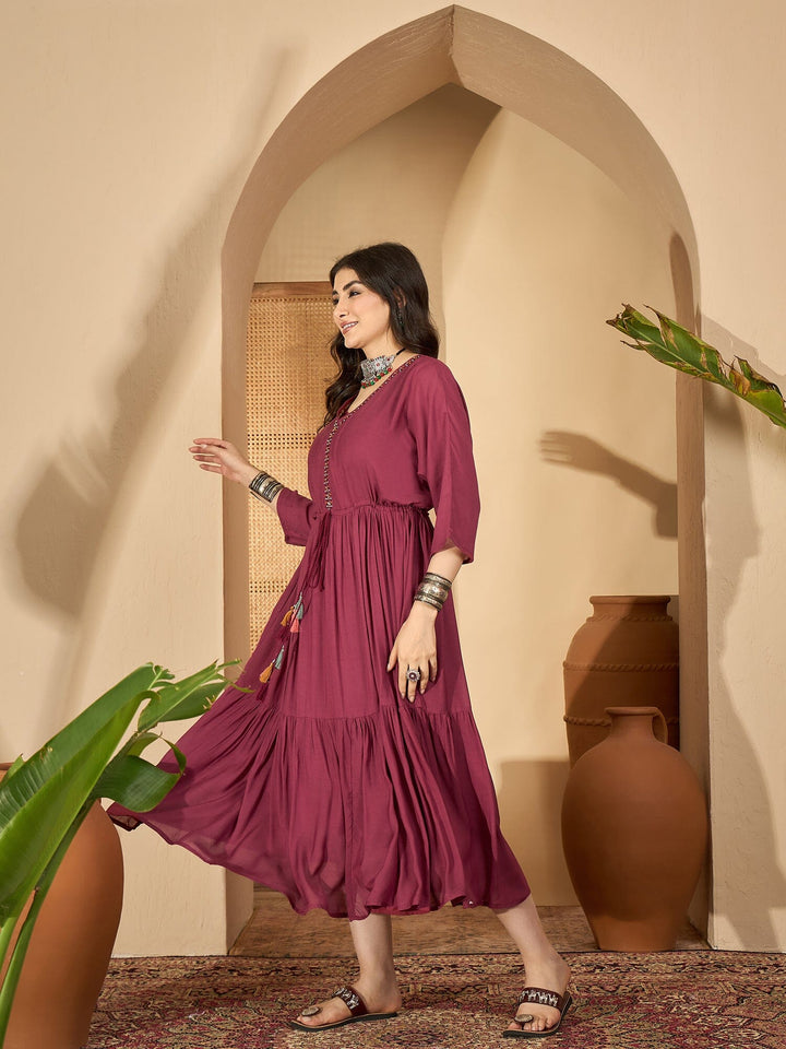 Maroon V-Neck Solid Dress with Inner dress Rangdeep-Fashions 