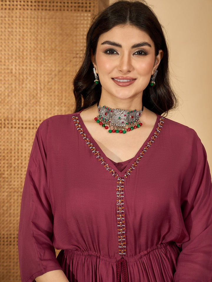 Maroon V-Neck Solid Dress with Inner dress Rangdeep-Fashions 