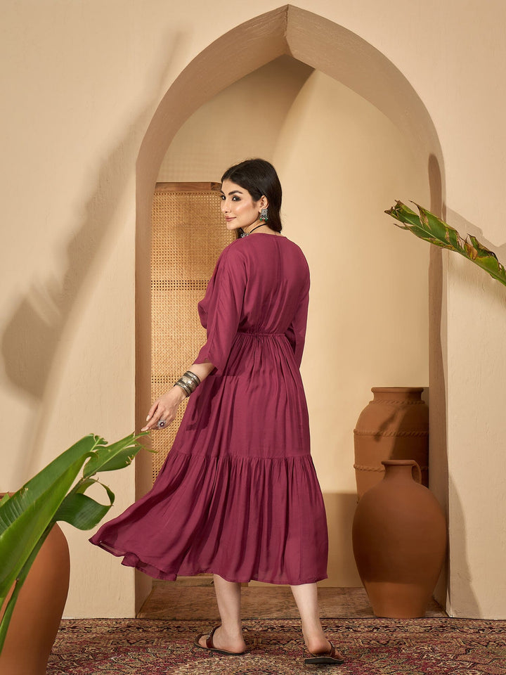 Maroon V-Neck Solid Dress with Inner dress Rangdeep-Fashions 