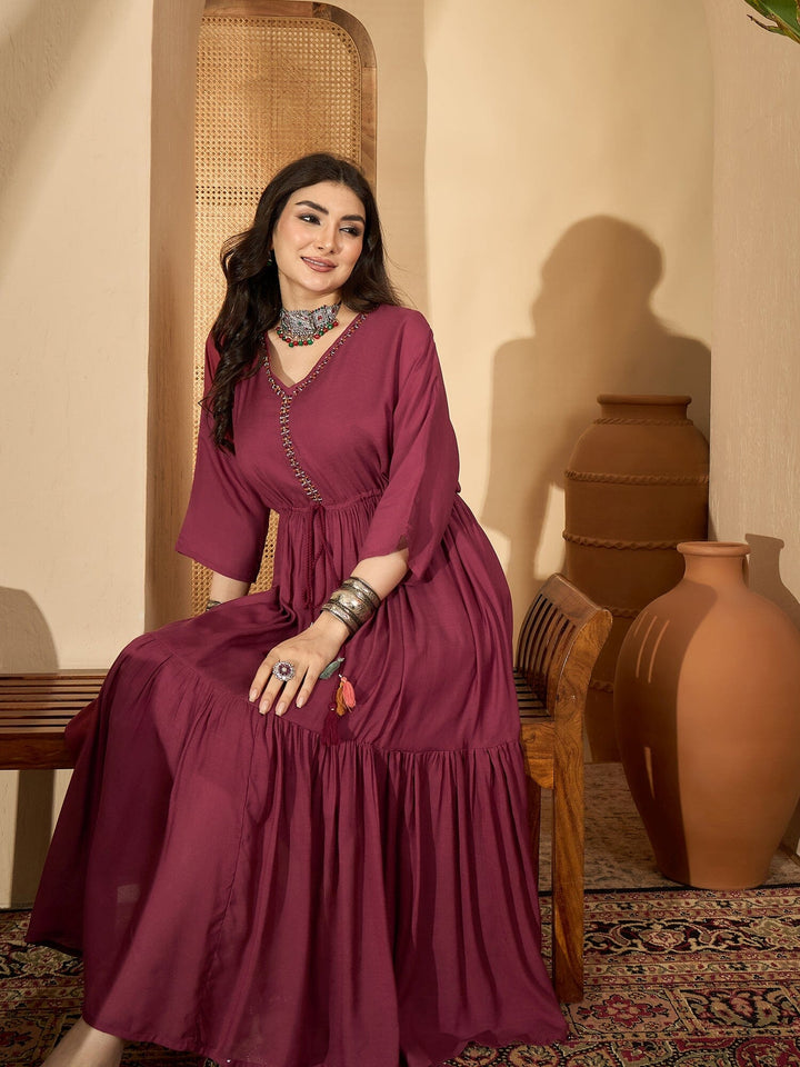 Maroon V-Neck Solid Dress with Inner dress Rangdeep-Fashions 