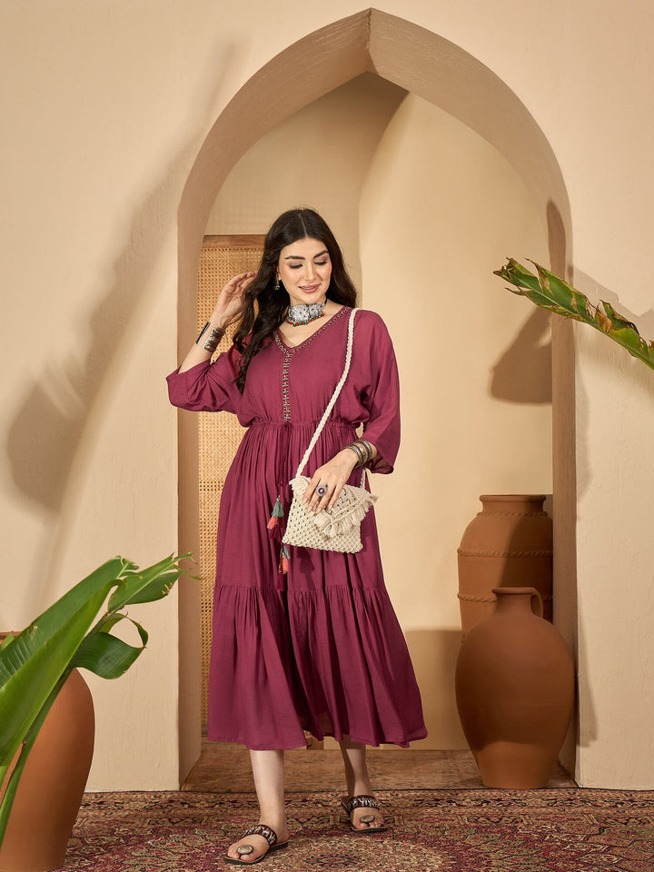 Maroon V-Neck Solid Dress with Inner dress Rangdeep-Fashions 