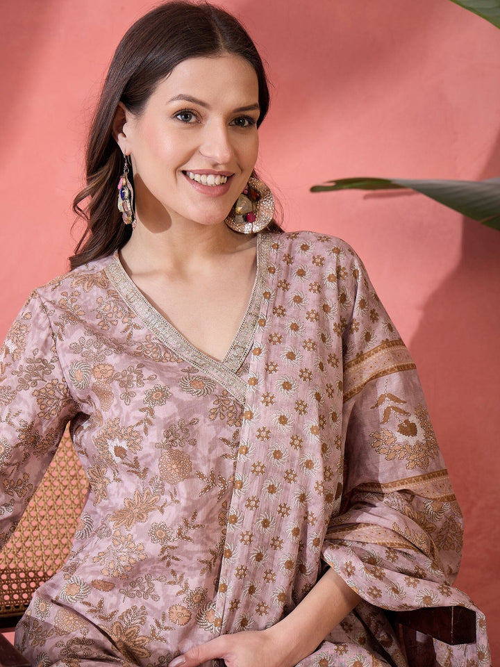 Mauve Color Floral Printed Cotton Kurta Set Kurta set Rangdeep-Fashions 