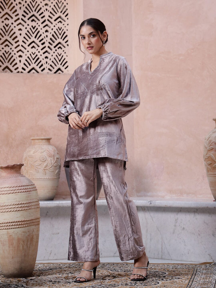 Mauve Color V-Neck Solid Print Co-ords Set Co-ord Sets Rangdeep-Fashions 