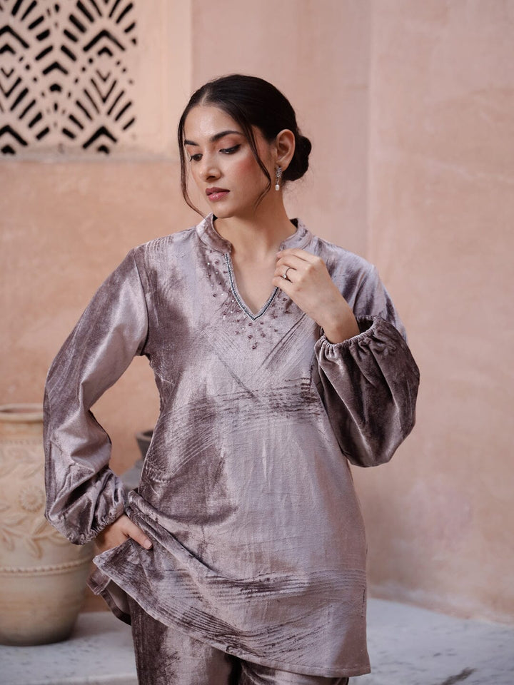Mauve Color V-Neck Solid Print Co-ords Set Co-ord Sets Rangdeep-Fashions 