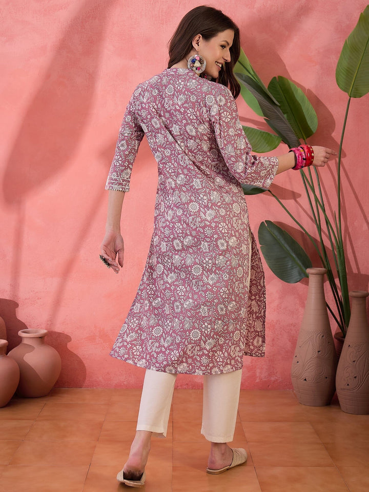 Mauve V-Neck Printed Kurta for Women Kurta Rangdeep-Fashions 