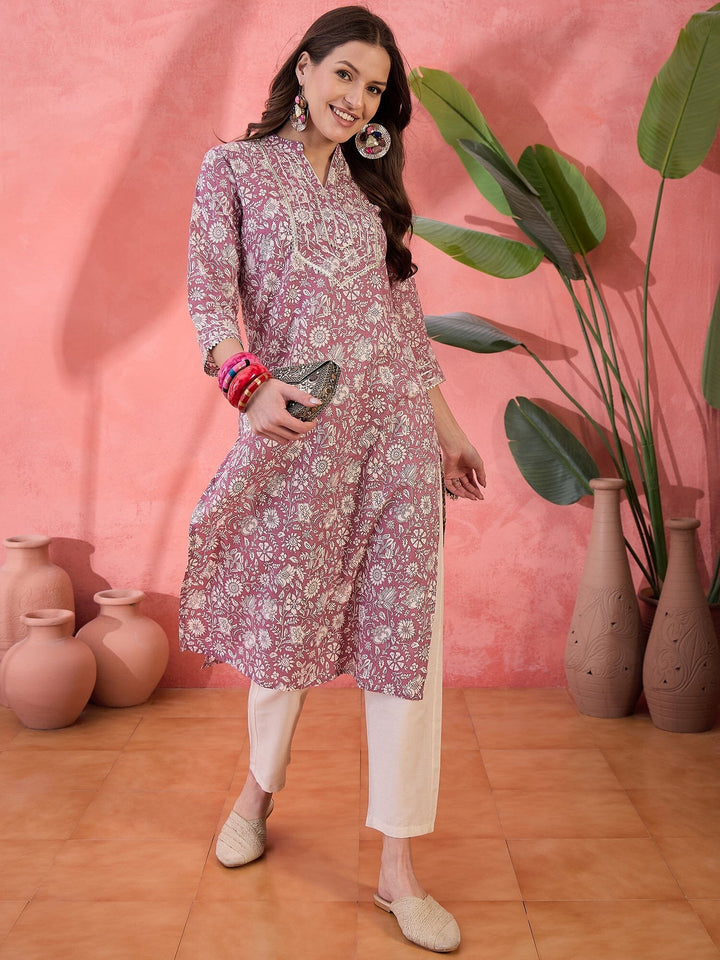 Mauve V-Neck Printed Kurta for Women Kurta Rangdeep-Fashions 