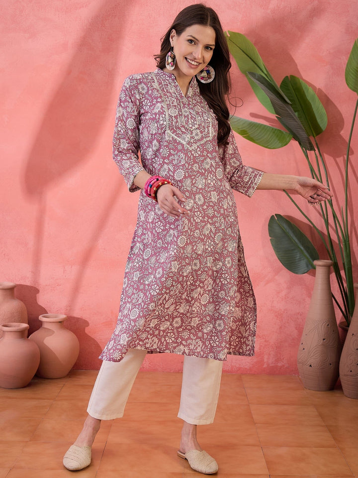 Mauve V-Neck Printed Kurta for Women Kurta Rangdeep-Fashions 