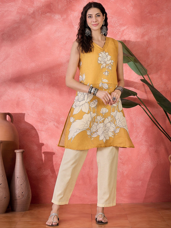 Mustard Color V-Neck Linen Fabric Co-ords Set Co-ord Sets Rangdeep-Fashions 