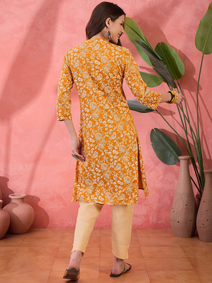 Mustard Printed Cotton Kurta for Women Kurta Rangdeep-Fashions 