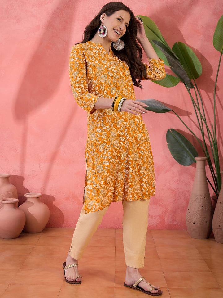 Mustard Printed Cotton Kurta for Women Kurta Rangdeep-Fashions 