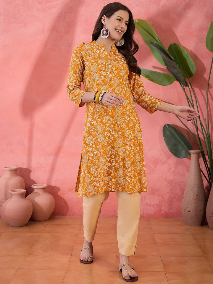 Mustard Printed Cotton Kurta for Women Kurta Rangdeep-Fashions 