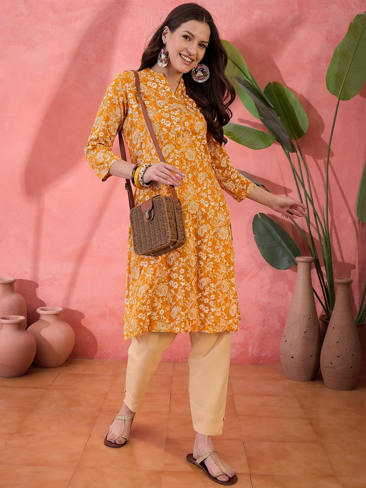 Mustard Printed Cotton Kurta for Women Kurta Rangdeep-Fashions 